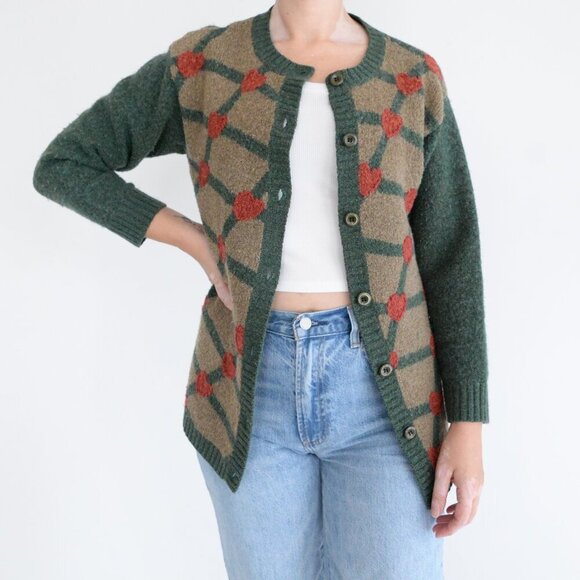 Vintage Fasilli Green & Tan w Red Hearts Knit Button Up Cardigan Sweater Size S - Picture 1 of 11
